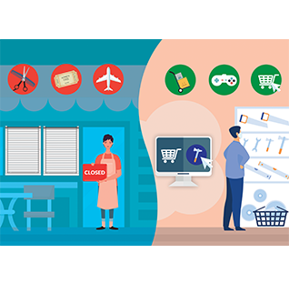 One half of the graphic is a woman holding a closed sign at the entrance to a restaurant business. Above her are images of hairdresser’s tools, a movie ticket and an airplane with red backgrounds. On the other half there is a computer showing online shopping and a man choosing supplies from a hardware store. In green circles above him are a shopping cart with a cursor, a video game controller, and a dolly with boxes.